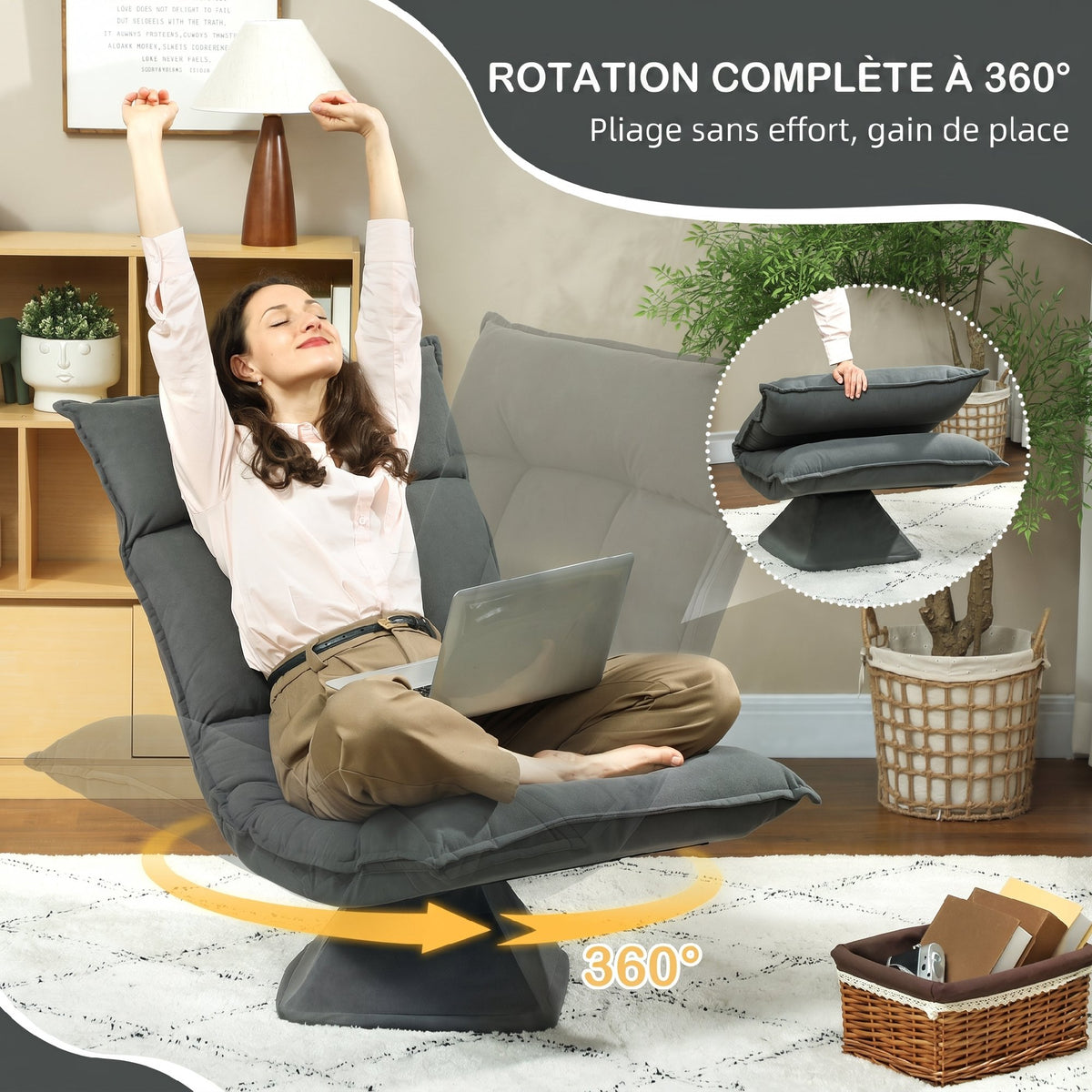 360° swivel floor chair, foldable velvet armchair with 5-position adjustable backrest, 70x62x95cm, dark gray