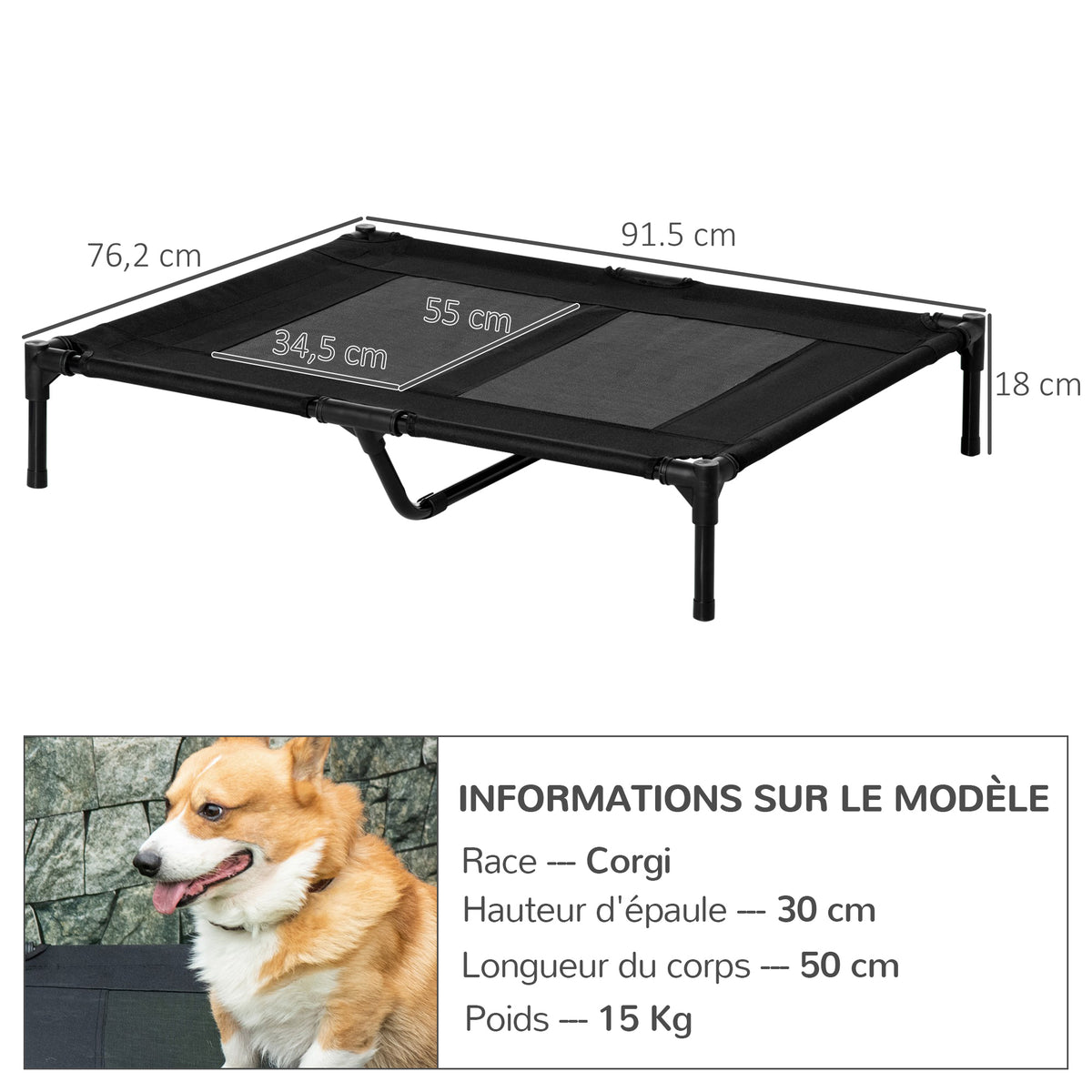 Lot de 2 lits sur pieds lit pour chien chat lit de camp grand confort tissu Oxford textilène micro-perforé acier