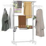 Étendoir à Linge 3 Niveaux, Sechoir a Linge avec 6 Roulettes, Pliable, Cadre en Acier Inoxydable et Ailes Latérales, pour Intérieur Extérieur, 142 x 55 x 152 cm, Blanc