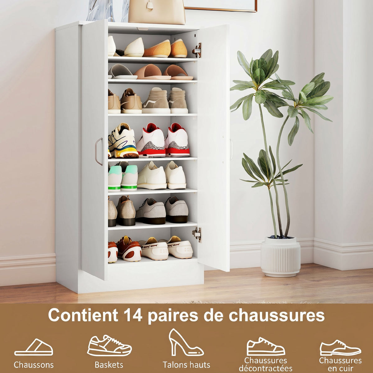 Meuble à chaussures 14 paires armoire à chaussures 7 niveaux avec 6 étagères réglables 2 portes à fermeture douce blanc