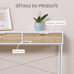 Table Console Industriel 2 tiroirs Aspect Bois de chêne sculpté Motif à Chevrons piètement métal Blanc