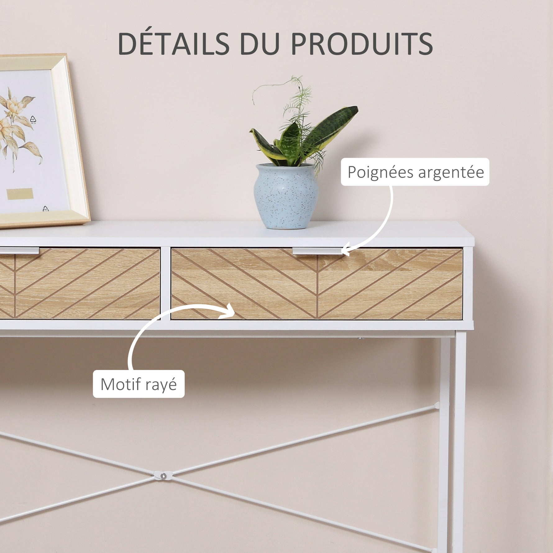 Table Console Industriel 2 tiroirs Aspect Bois de chêne sculpté Motif à Chevrons piètement métal Blanc