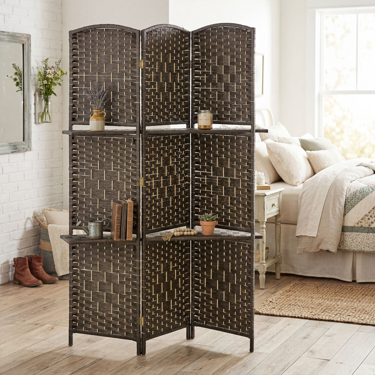 Paravent séparateur de pièce 4 panneaux 160 x170 cm avec 2 étagères, pliable, en bois