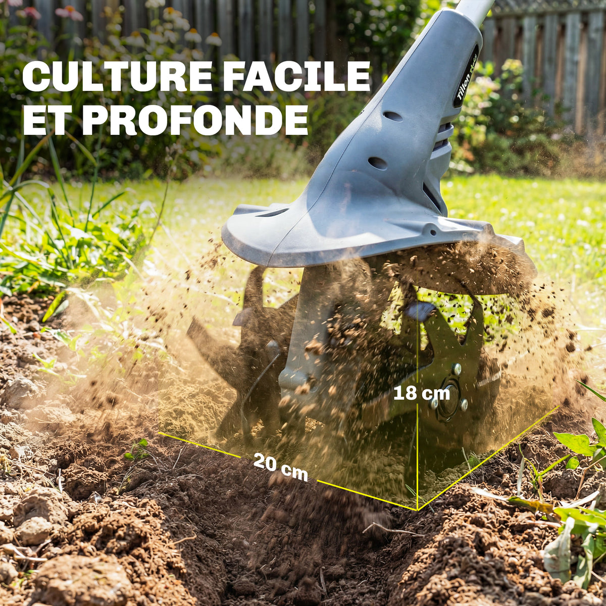 Motobineuse sans Fil Motoculteur Électrique 18V 355W avec 2 Batteries 4,0Ah Léger et Anti-mal de Dos, Largeur 20cm Gris