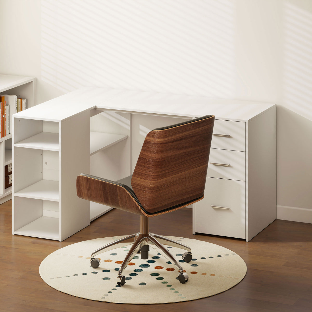 Bureau d'Angle, Bureau Informatique en L, 3 Tiroirs, 5 Compartiments Ouverts, Étagères Réglables, 140x100x75cm, Blanc