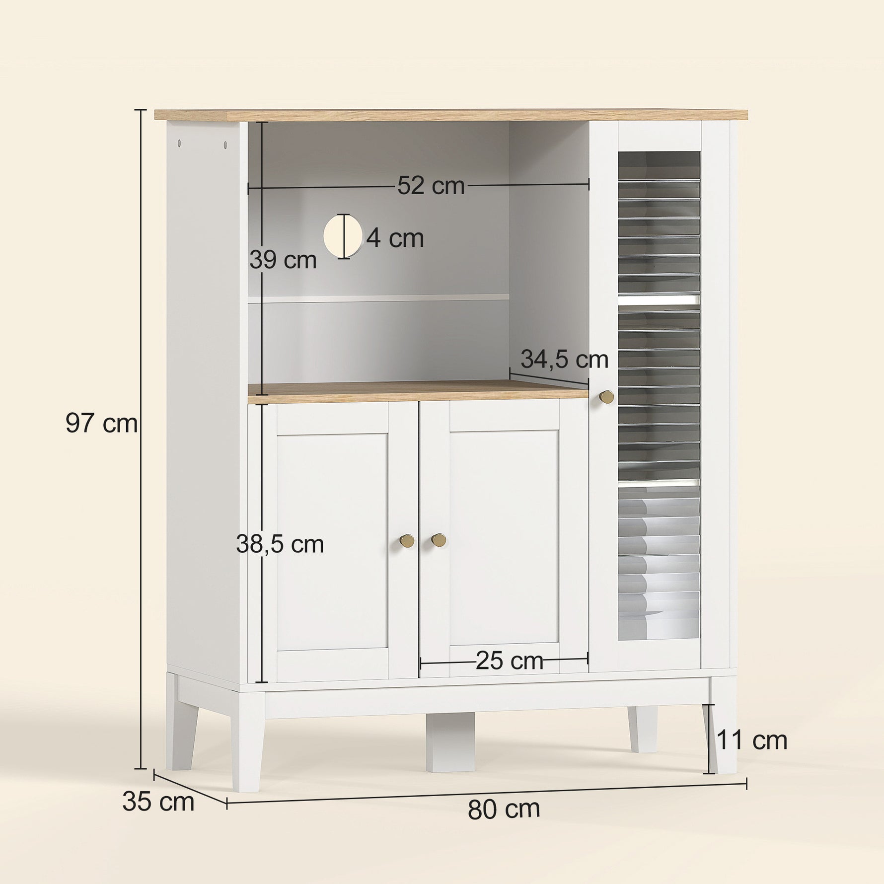 Meuble armoire micro-ondes pour cuisine avec 1 niche, 3 portes passe-câbles 80 x 35 x 97 cm blanc et aspect bois