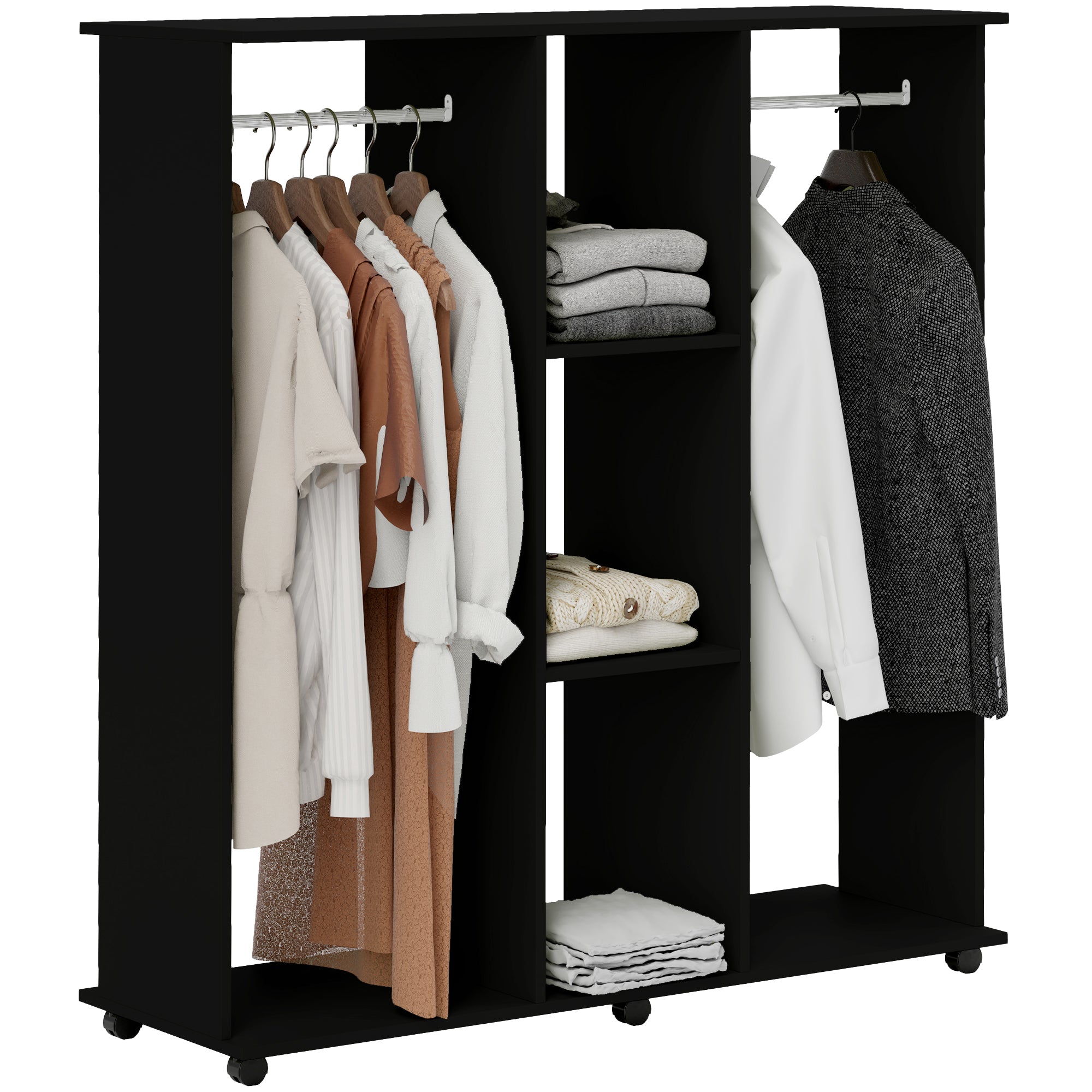 Armoire penderie Meuble de Rangement Mobile 6 roulettes 120L x 40l x 128H cm en bois Noir