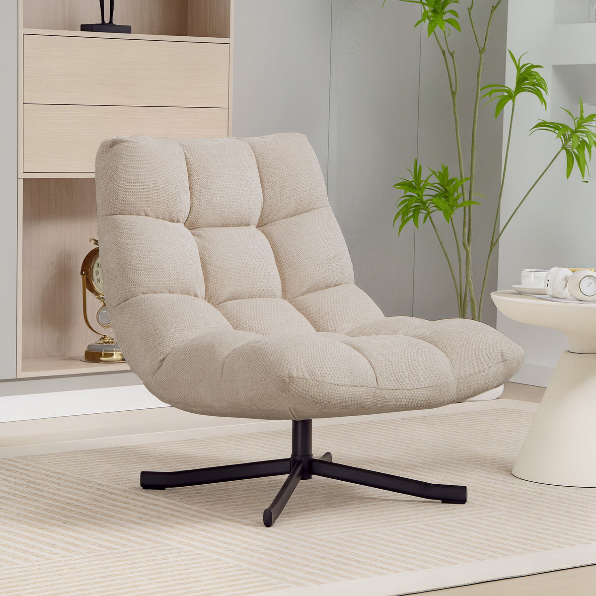 Wohnzimmersessel ohne Armlehnen, Drehstuhl aus Chenille-Stoff, breite Sitzfläche, 75 x 95 x 90 cm, Creme