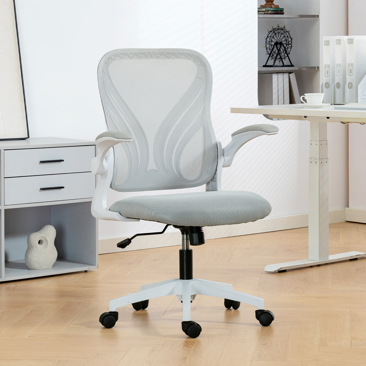 Chaise bureau ergonomique, fauteuil de bureau maille, dossier rabattable, accoudoirs relevables, 73x62x101-111cm, gris