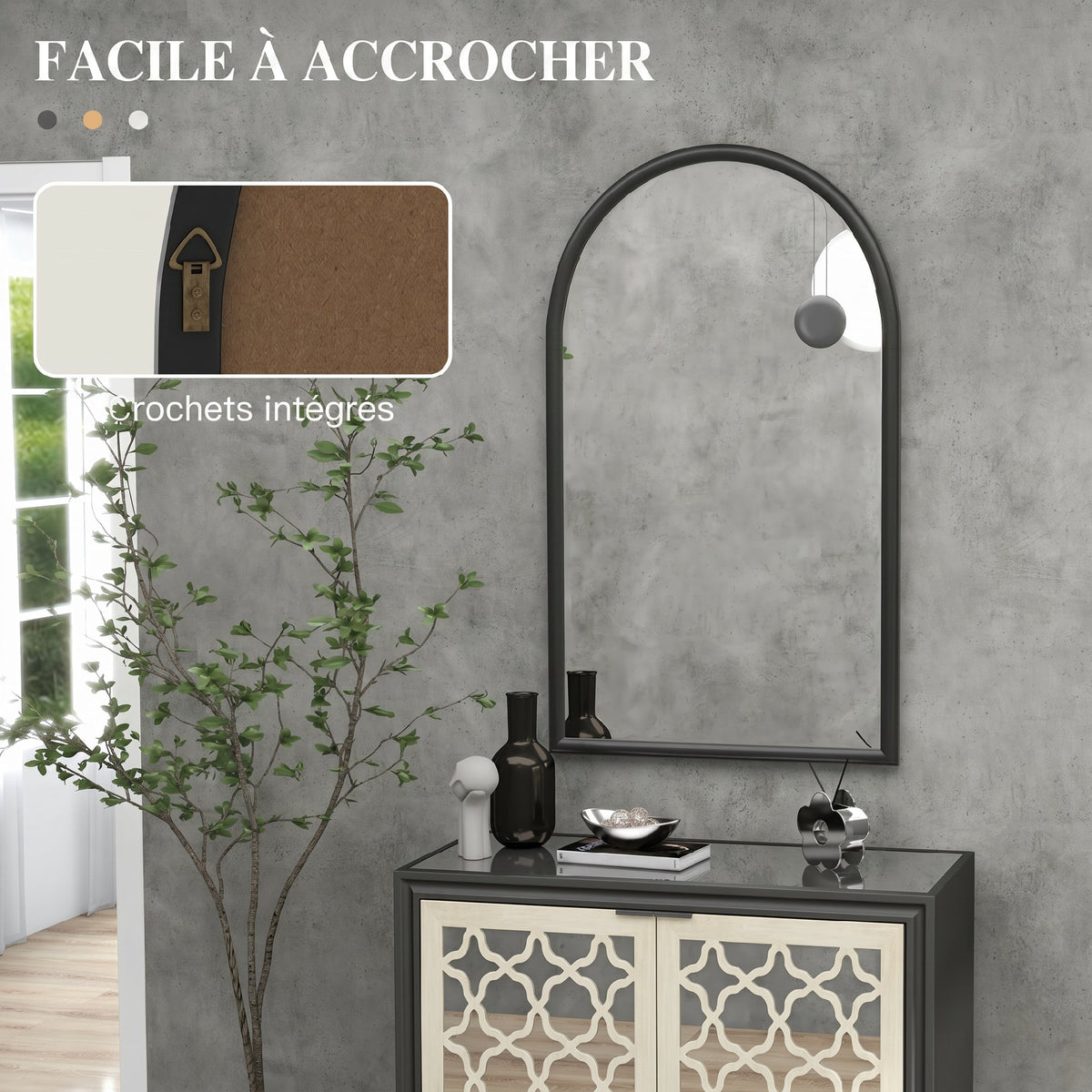 Miroir mural arche, 110 x 65 cm Cadre en bois, Miroir arqué pour le salon, la chambre, l'entrée, noir