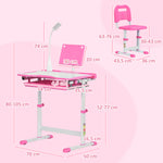 Ensemble chaise et bureau pour enfants avec lampe LED hauteur réglable plateau incliné support de lecture rose