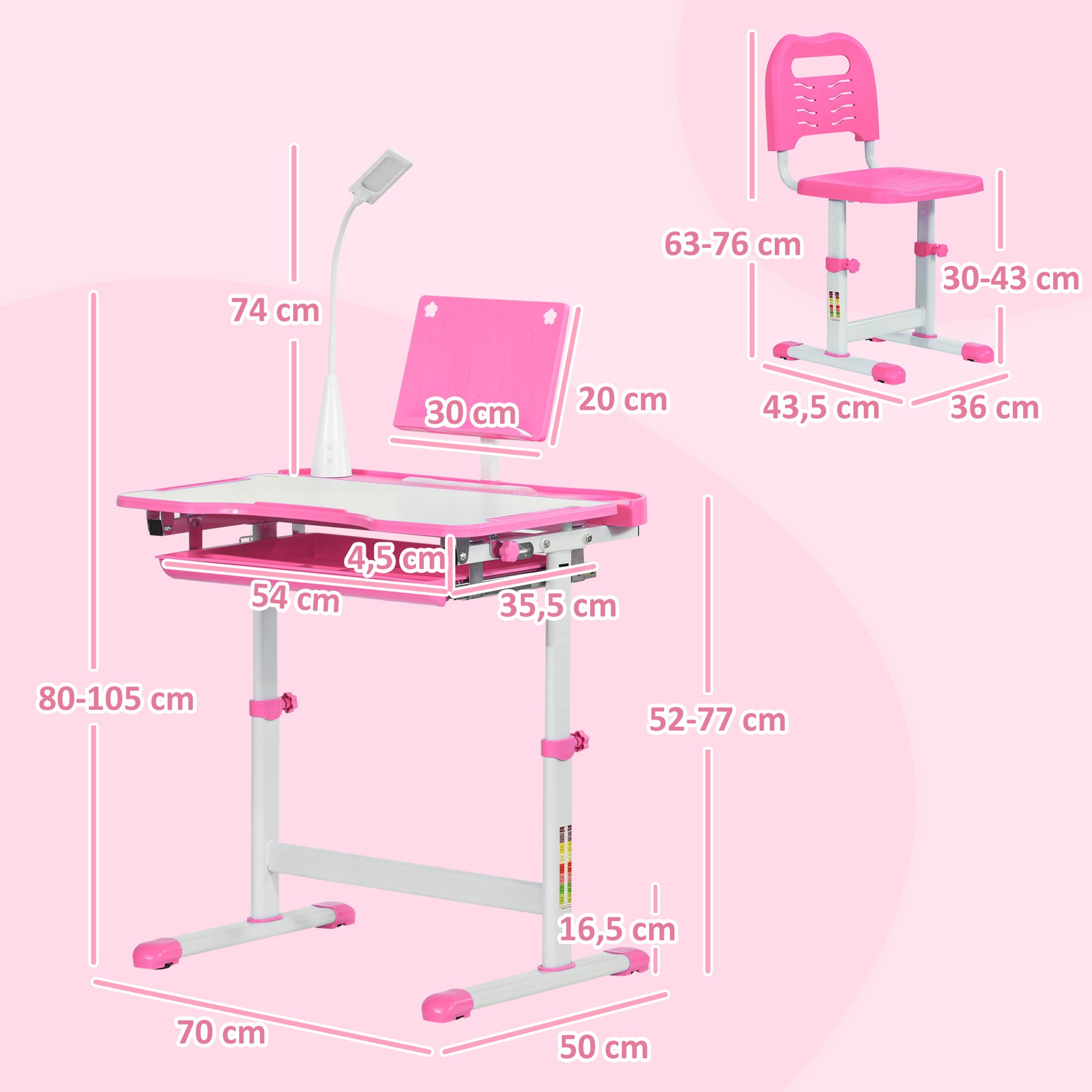 Ensemble chaise et bureau pour enfants avec lampe LED hauteur réglable plateau incliné support de lecture rose