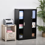Armoire de Bureau 2 Portes coulissantes verrouillables dim. 80L x 40l x 120H cm 2 étagères Panneaux Particules Noir