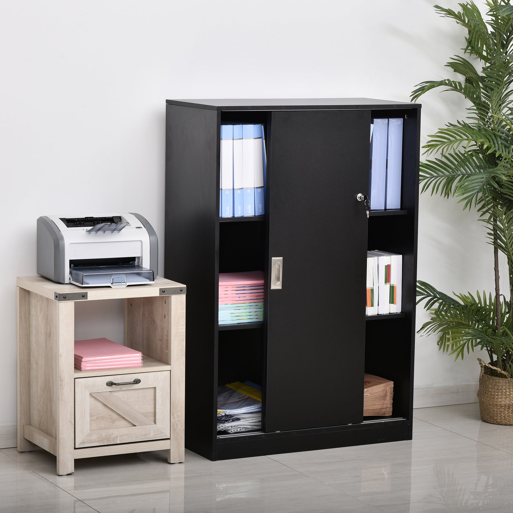 Armoire de Bureau 2 Portes coulissantes verrouillables dim. 80L x 40l x 120H cm 2 étagères Panneaux Particules Noir