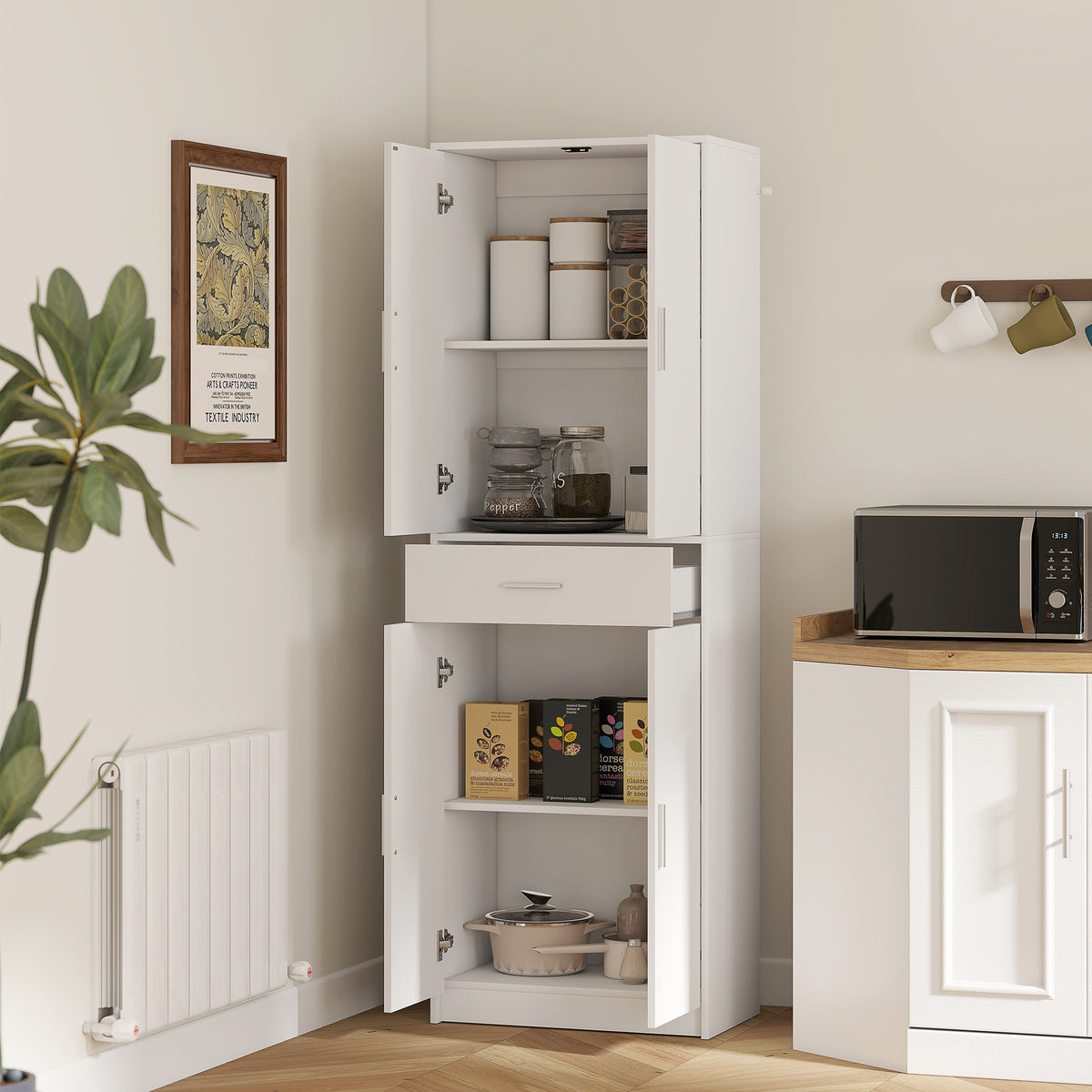 Armoire de cuisine moderne avec placards à portes, étagères réglables et tiroir, 60 x 35 x 180 cm, blanc