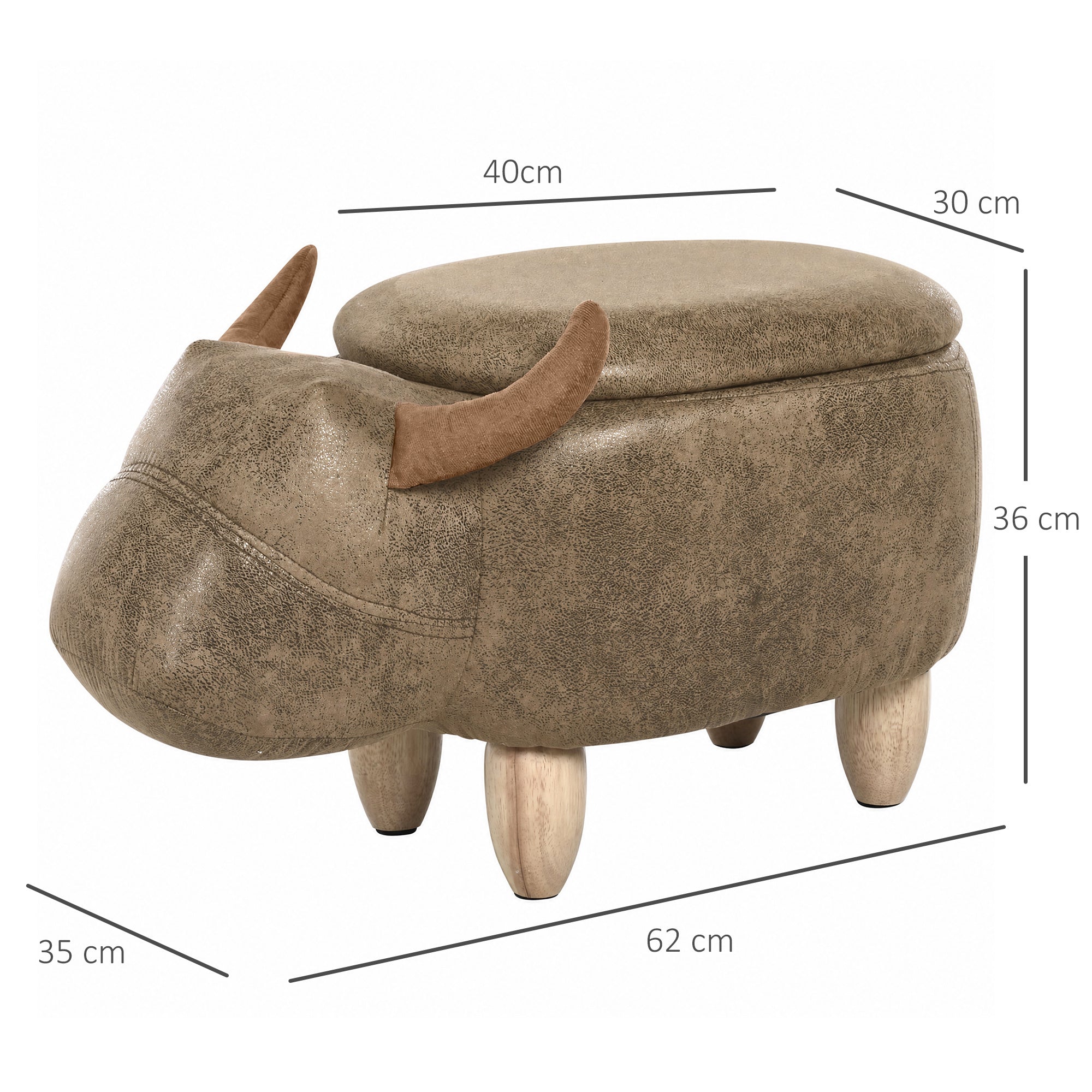 Tabouret Vache - Pouf Vachette - Pouf Taureau Coffre de Rangement 2 en 1 - Pieds Bois d'hévéa revêtement synthétique Aspect Daim Vieilli Marron
