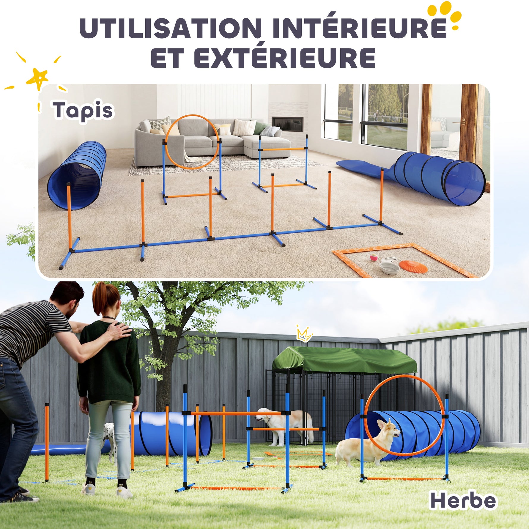 Ensemble d'Agilité pour Chien 11 Pièces, Parcours d'Obstacle avec 2 Tunnels, Sauts Ajustables, Orange et Bleu