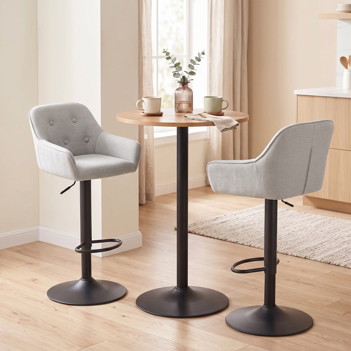 2er-Set Barhocker, Barstühle aus Chenille, höhenverstellbar, um 360° drehbar, mit Rückenlehne und Fußstütze, Grau