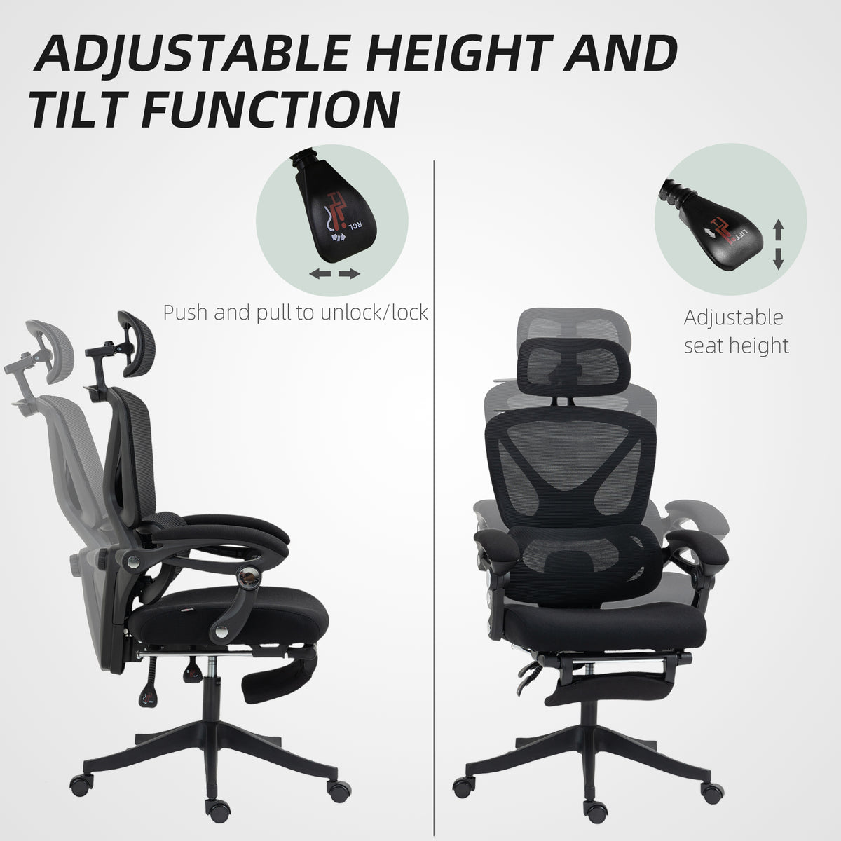 Chaise Bureau Ergonomique avec Appui-Tête Réglable, Fauteuil de Bureau Inclinable en Maille, Dossier Séparé, Noir