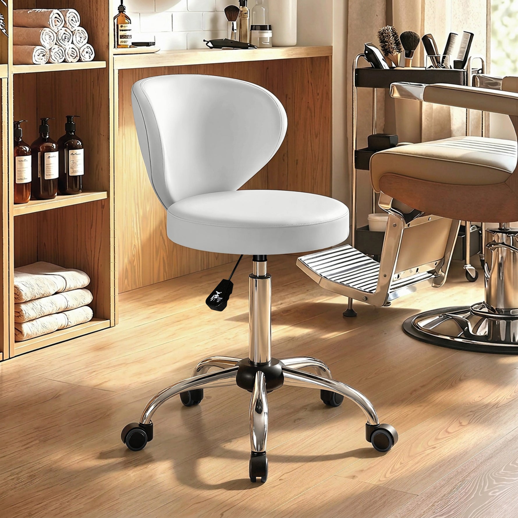 Tabouret à roulettes, tabouret de massage en PU avec hauteur réglable 73-88 cm et dossier, pivotant 360°, blanc