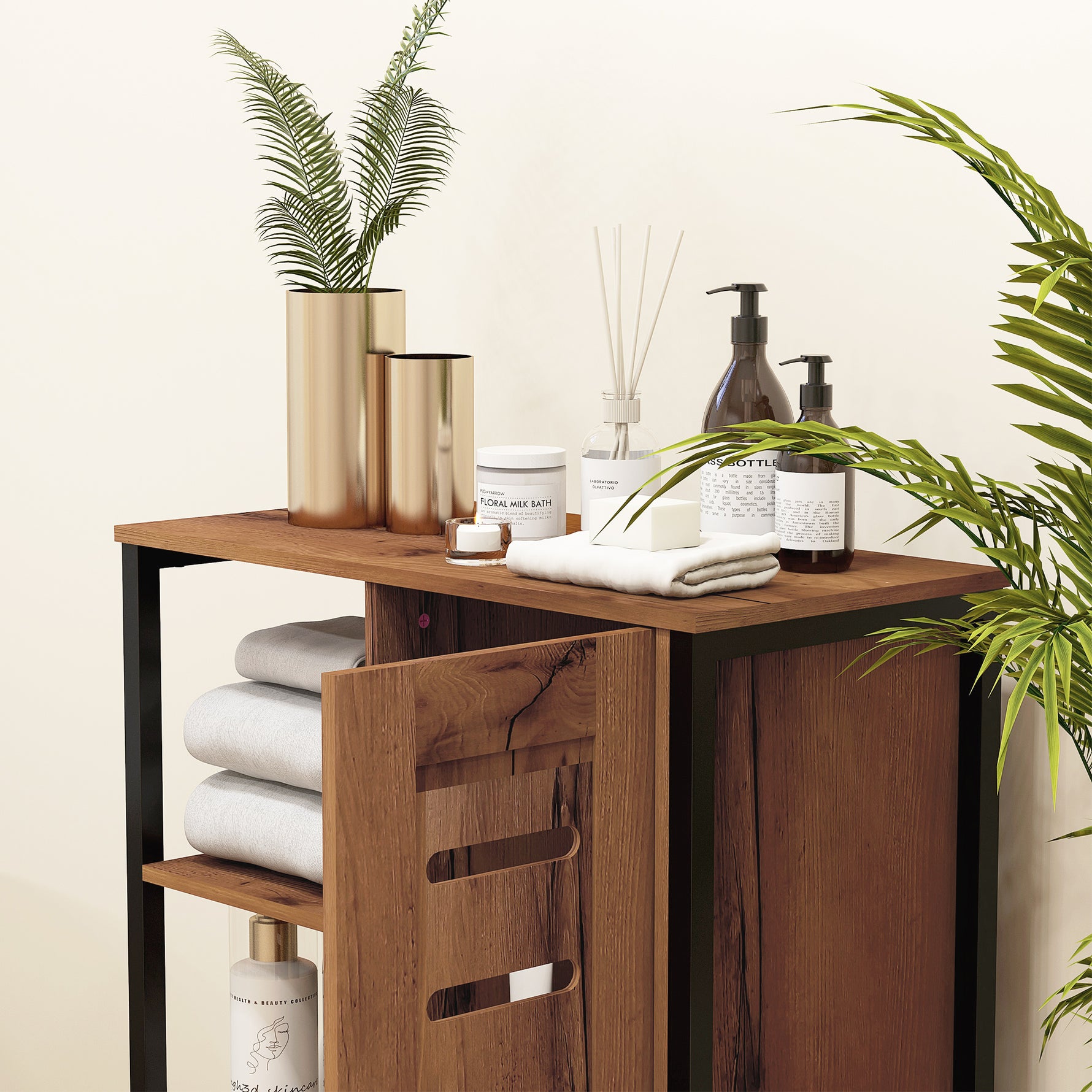 Meuble de salle de bain sur pied design industriel structure acier 3 étagères ouvertes 60 x 30 x 85 cm marron rustique