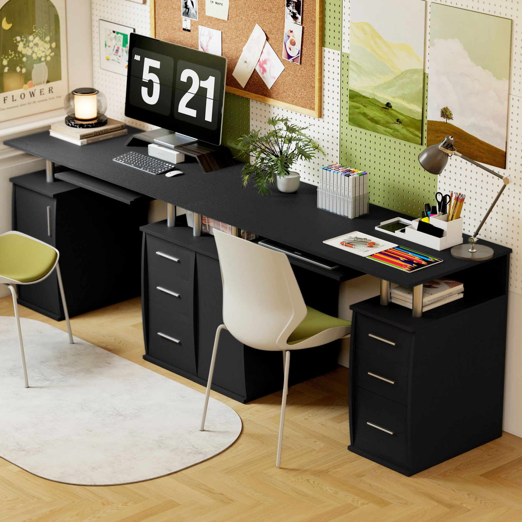 Bureau d'ordinateur, bureau informatique 120 x 55 cm avec plateau pour clavier, 3 tiroirs, pour chambre, domicile, noir