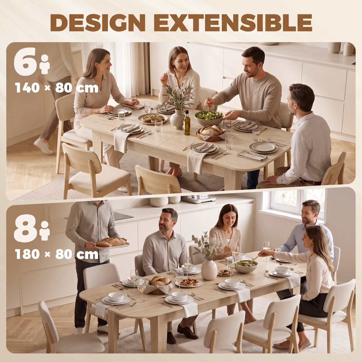 Tavolo da pranzo allungabile per 4-6 persone, 140-180 cm, tavolo da cucina ovale con bordi arrotondati, rovere