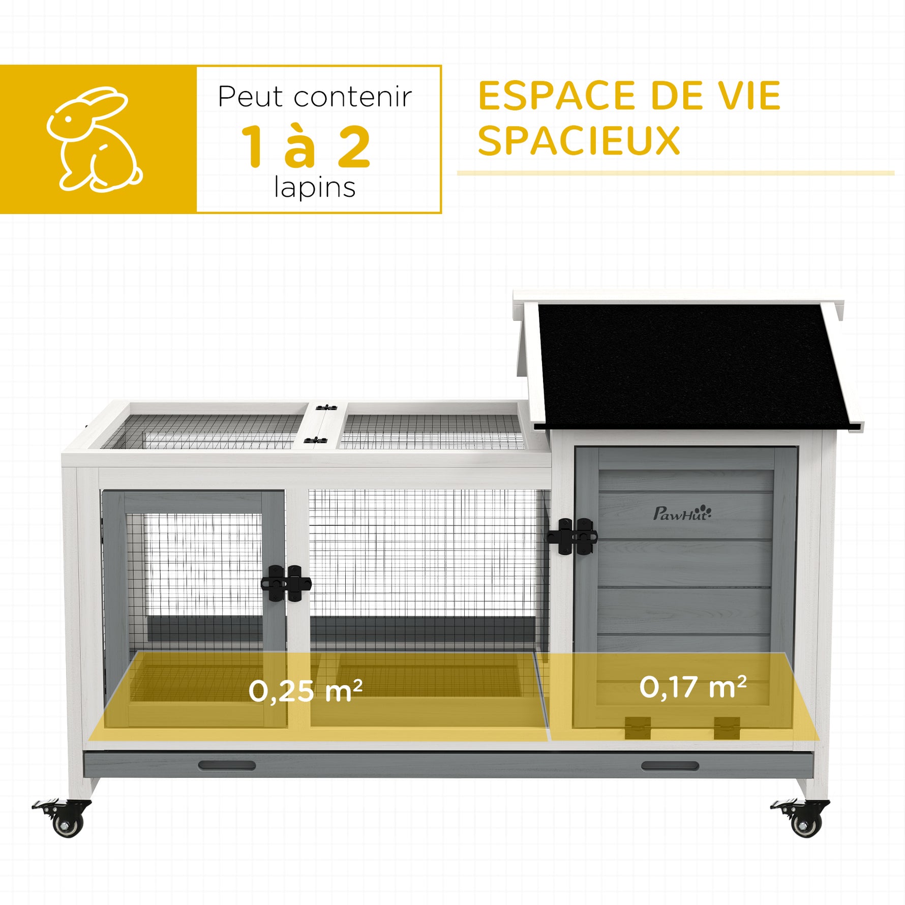 Clapier cage à lapins rongeurs sur roulettes 2 portes verrouillables - dim. 108L x 58l x 73,5H cm - bois massif