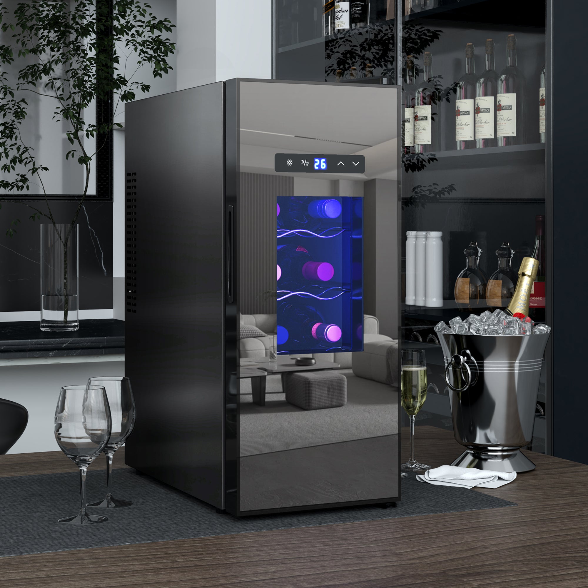 Cave à vin 12 bouteille 30L thermoélectrique double et silencieux avec porte en verre, LED, écran numérique, noir