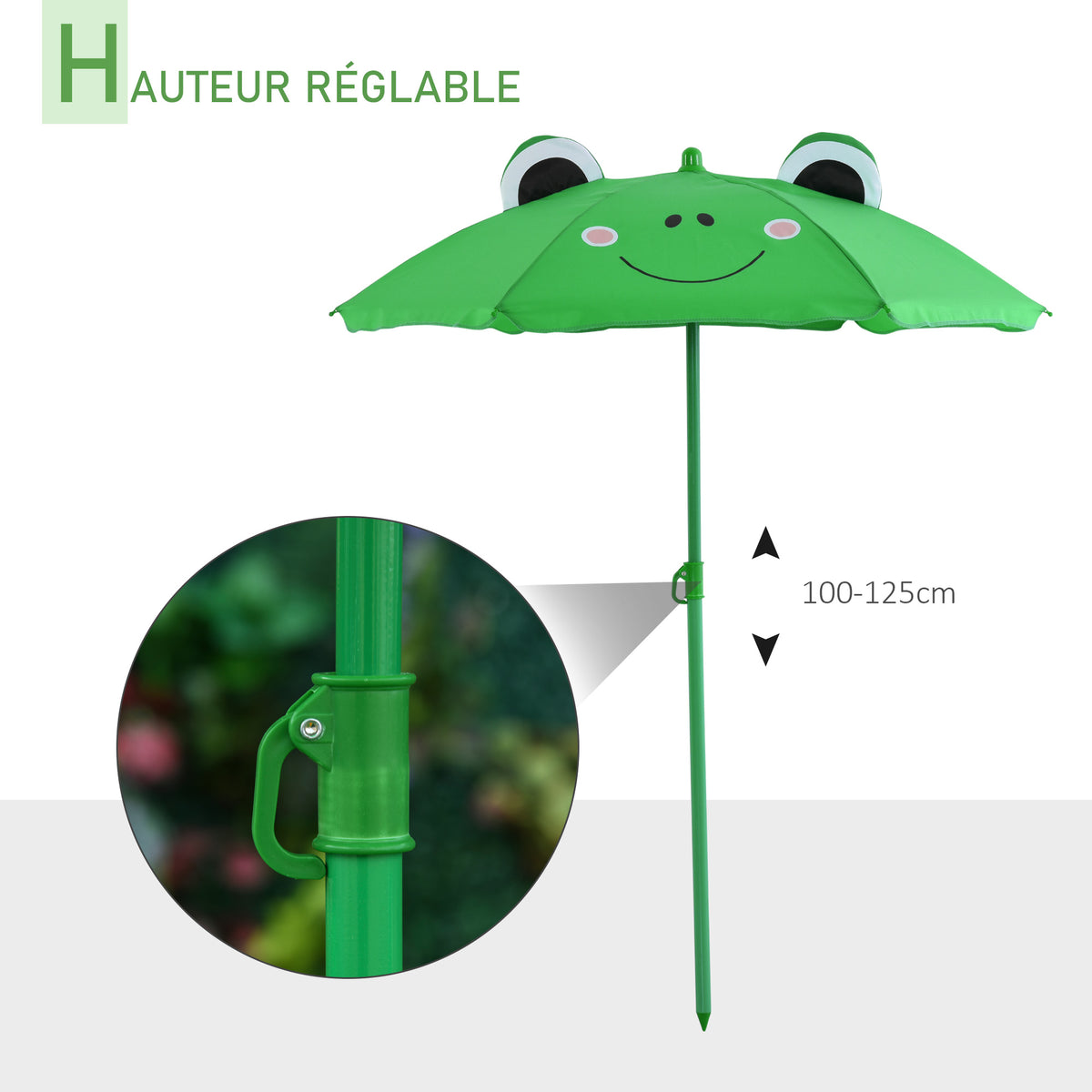 Ensemble Salon de Jardin Enfant 4 pcs Design Grenouille - Table Ronde + 2 chaises Pliables + Parasol - métal époxy Oxford Vert