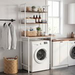 Étagère de Machine à Laver 3 Niveaux, Meuble pour Lave-Linge et Sèche-Linge avec Barre de Suspension, Marron et Blanc