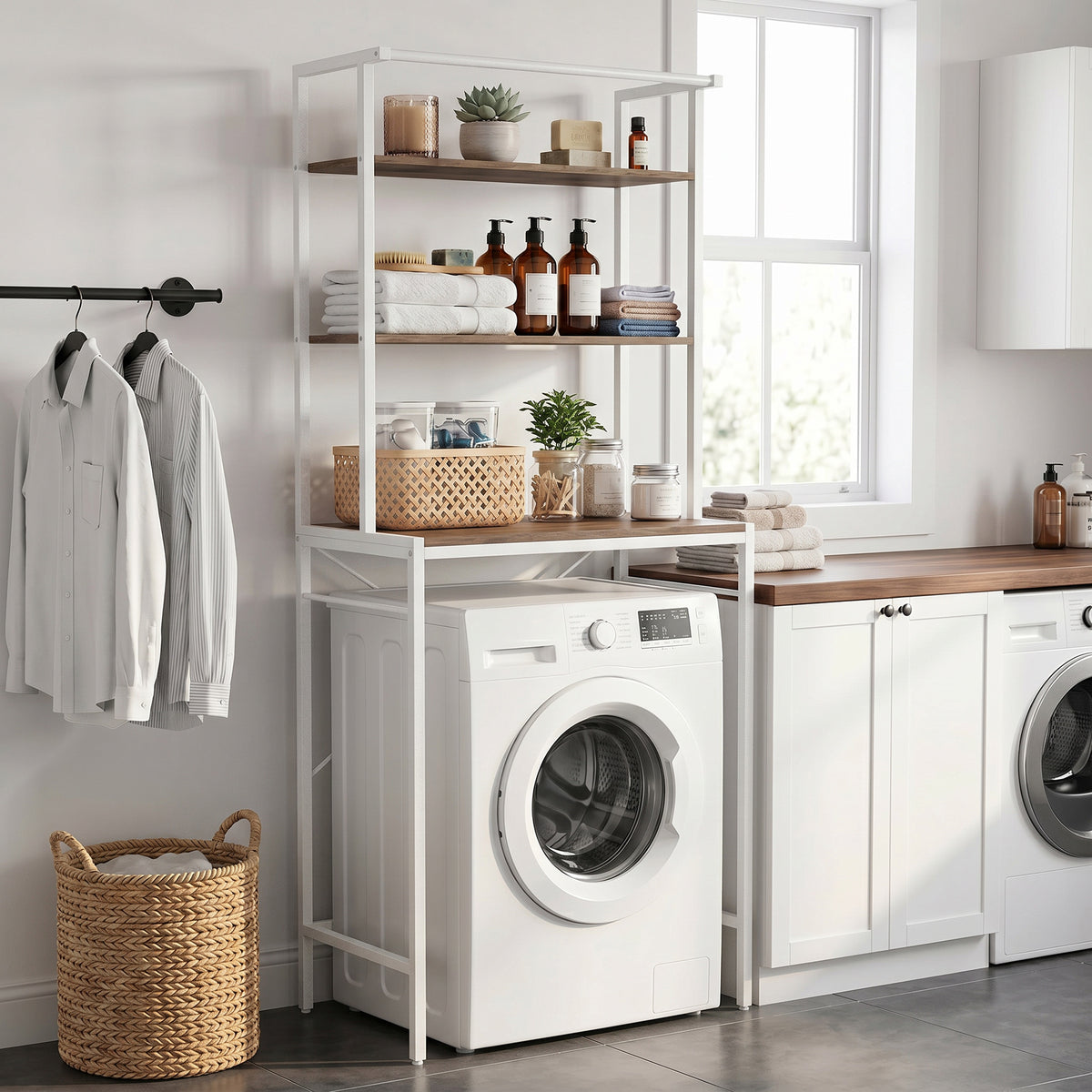 Étagère de Machine à Laver 3 Niveaux, Meuble pour Lave-Linge et Sèche-Linge avec Barre de Suspension, Marron et Blanc