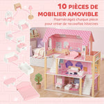 Casa delle Bambole in Legno per Bambini, Casa dei Sogni per Bambine a 3 Piani con Balcone, Scale e 10 Accessori, Rosa
