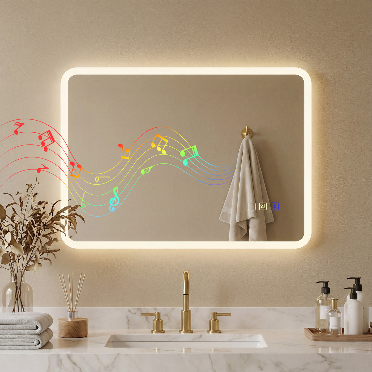 Miroir salle de bain LED bluetooth 50 x 70 cm interrupteur tactile lumière réglable 3 couleurs anti-buée mémoire argent