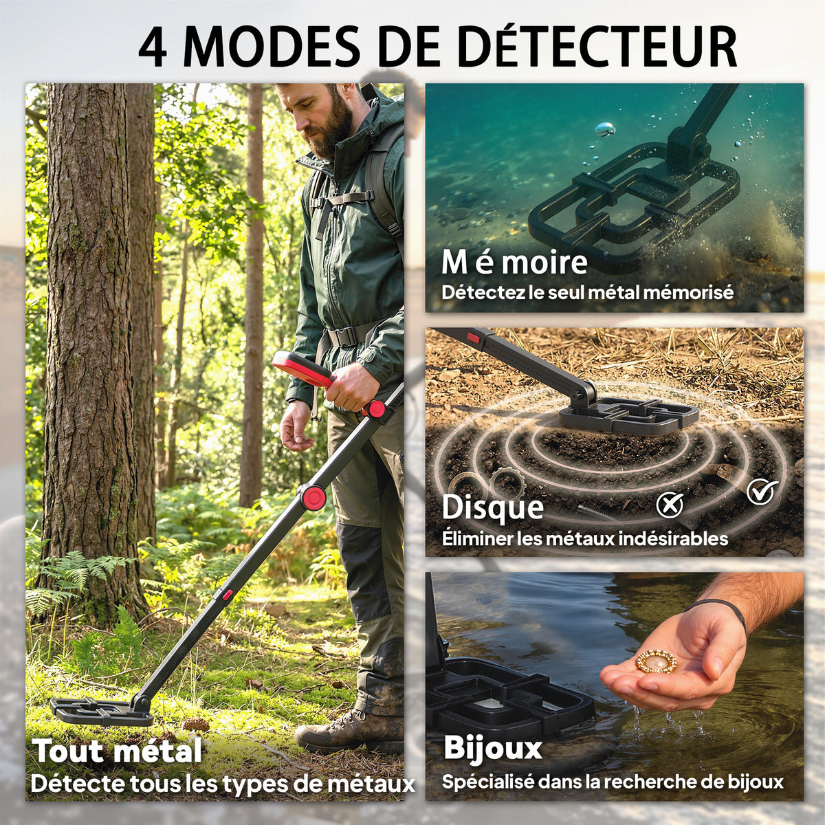 Détecteur de Métaux, Bobine Étanche IP68 avec Écran LCD, 4 Modes, Haute Précision Hauteur Réglable, 139x26x30cm, Noir