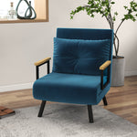 Fauteuil convertible 3 en 1 lit 1 place dossier 5 positions, accoudoirs en bois et coussin, tissu effet velours, bleu