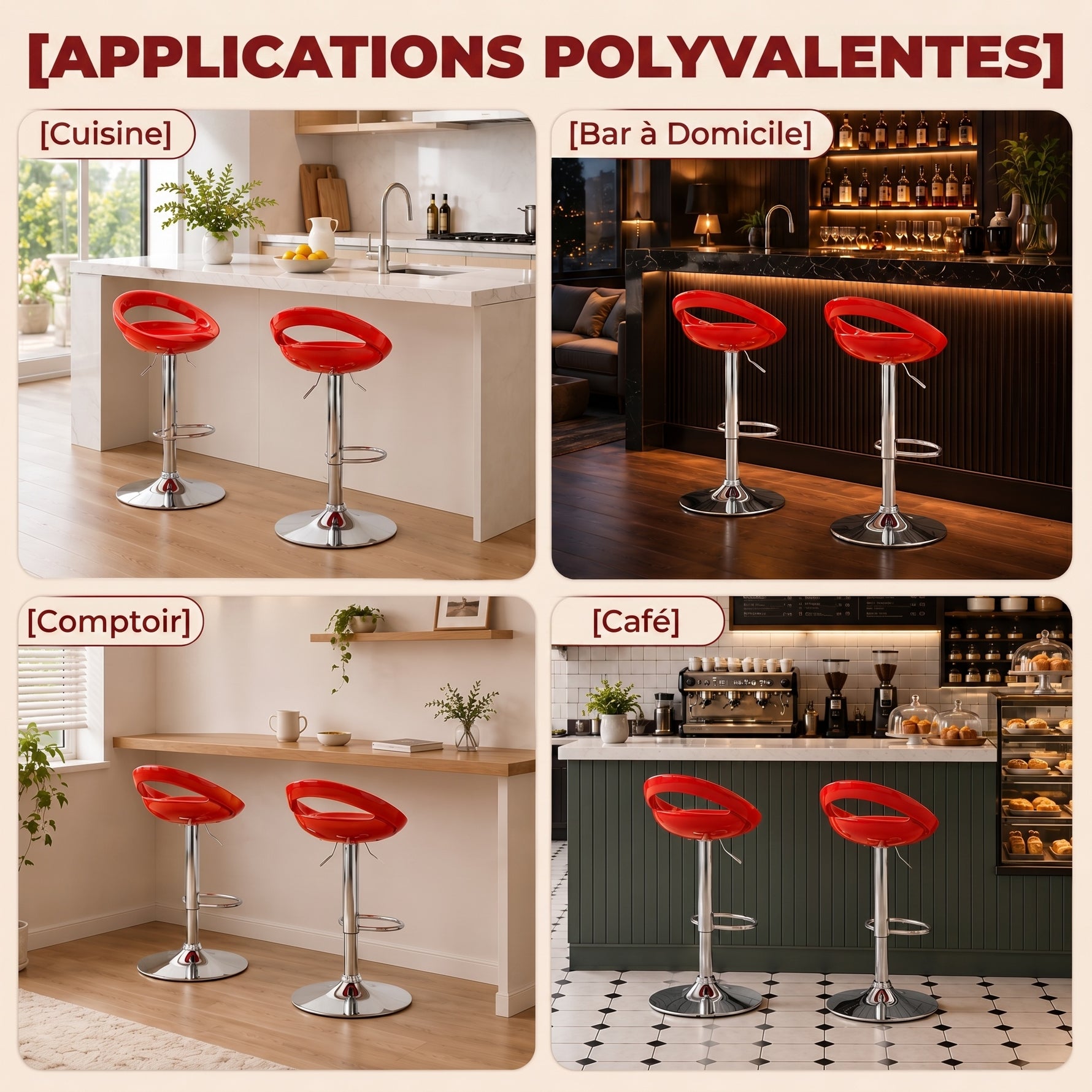 Lot de 2 tabourets de bar chaises de bar hauteur réglable dossier et repose-pieds pivotant à 360° 46x41x76-96cm rouge