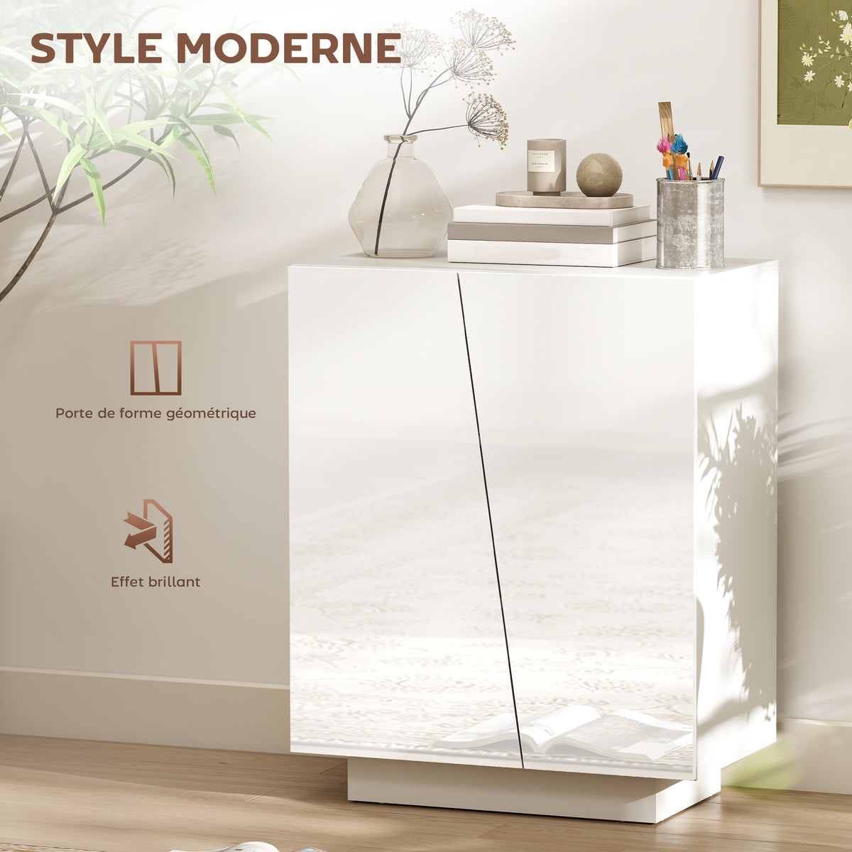 Buffet meuble de rangement avec placard double porte et étagère réglable, 70 x 40 x 88 cm, blanc brillant