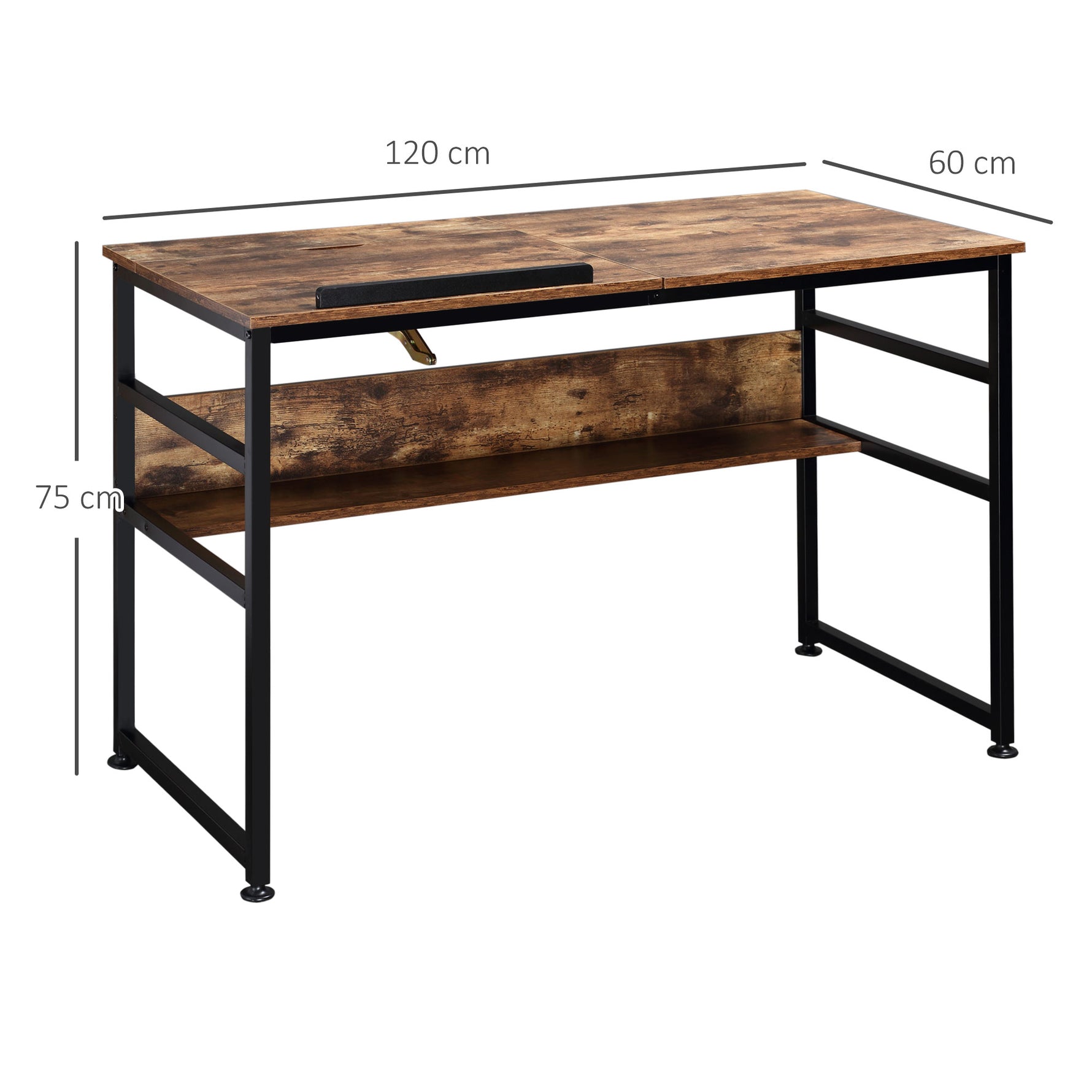 Table à dessin inclinable bureau informatique design industriel - plateau relevable, étagère - panneaux particules aspect vieux bois métal noir