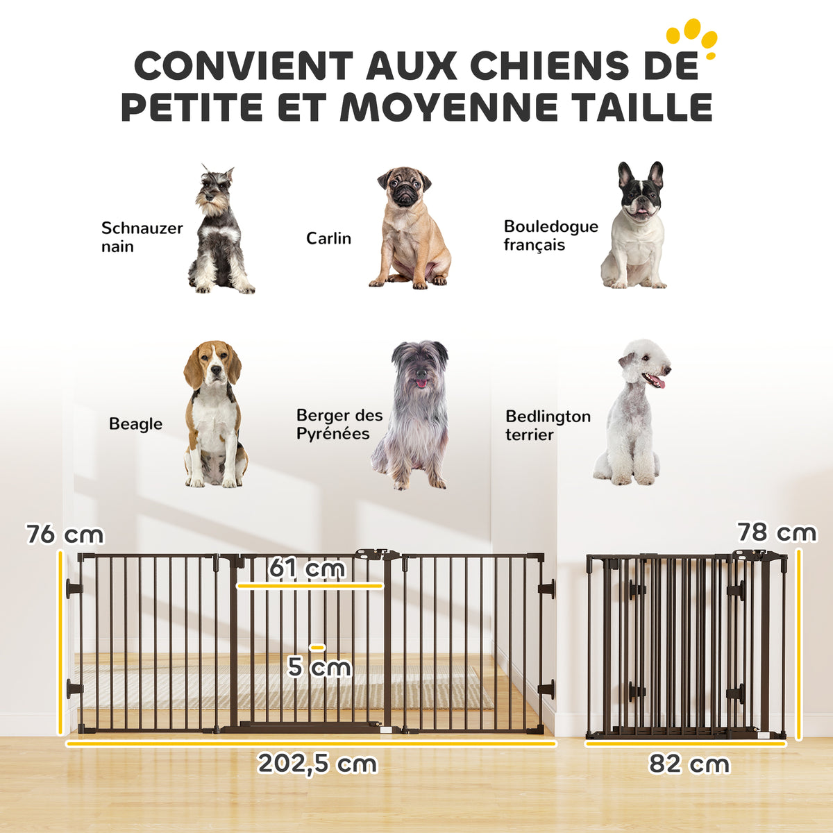 Barriere de securite chien pliable avec porte en acier 3 panneaux modulable fermeture automatique 202,5 x 2 x 76 cm noir