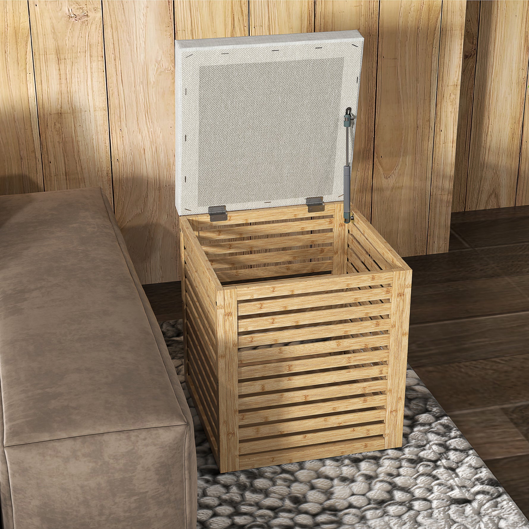Coffre de rangement tabouret de rangement 54.76 L design lamellé cadre en bambou naturel 40 x 40 x 47 cm bois naturel
