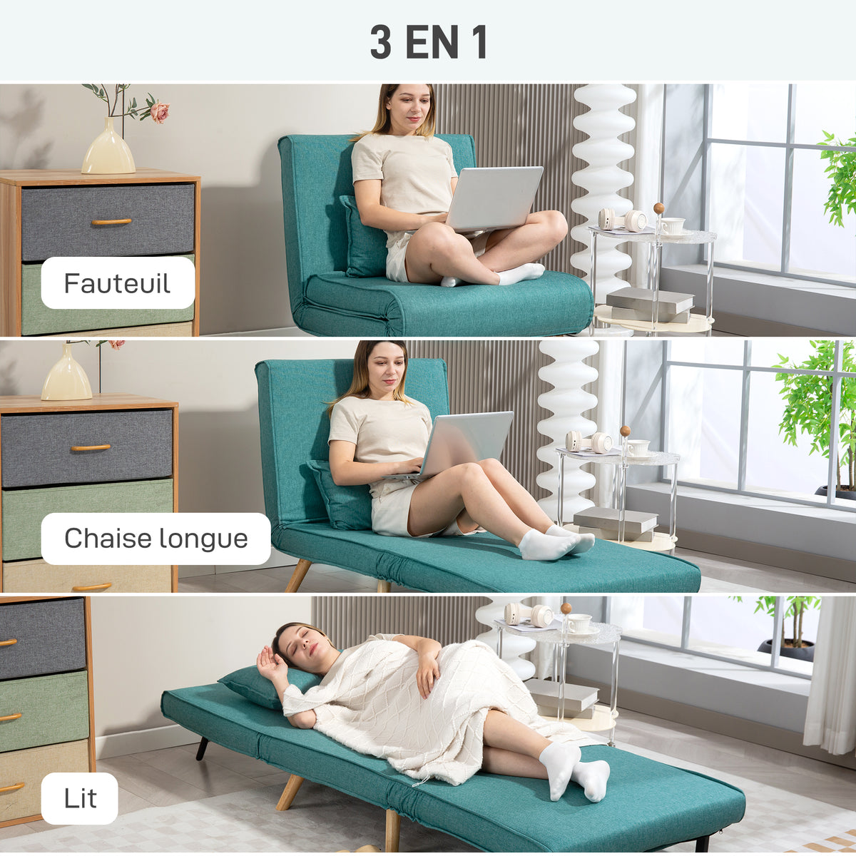 Besaulki bihurgarri bakarrekoa, 3-in-1 klik-klak sofa-ohea, 5 posiziotako bizkarralde erregulagarriarekin, burko barne, berdea