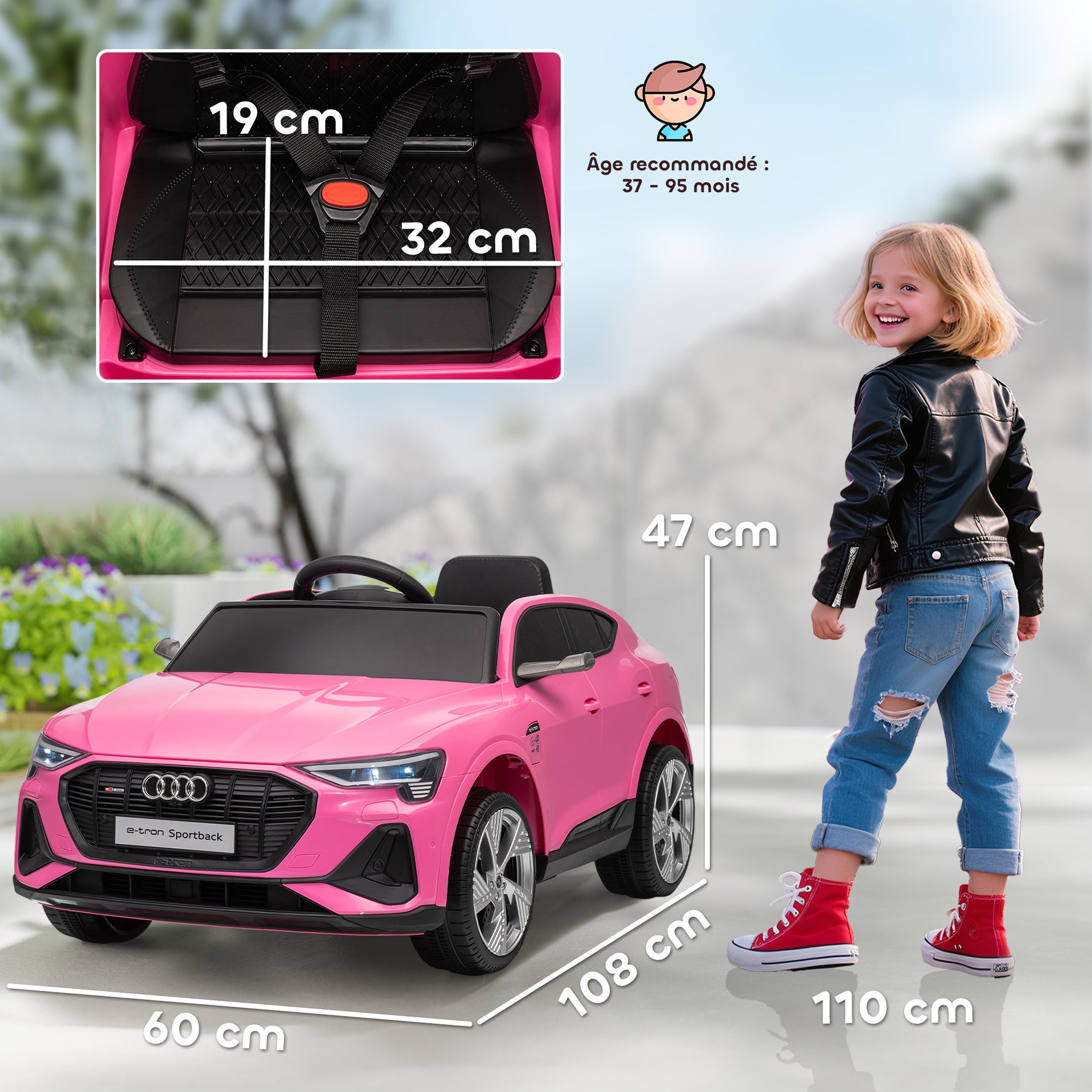 Voiture électrique enfants, véhicule électrique 12V avec télécommande 2,4G, phares, musique, klaxon, port USB, MP3, rose