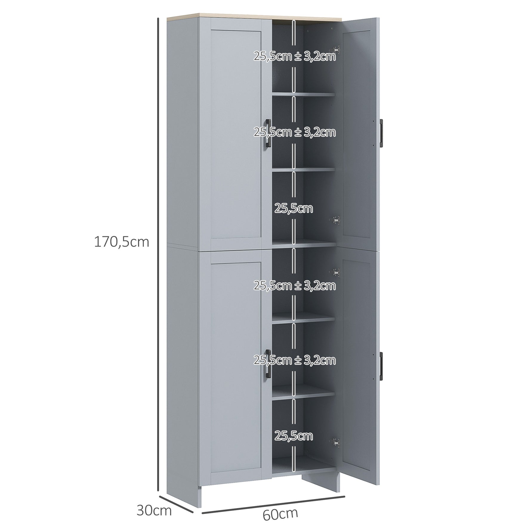 Armoire de cuisine hauteur 170 cm buffet haut avec 4 portes et étagères ajustable, design moderne, gris