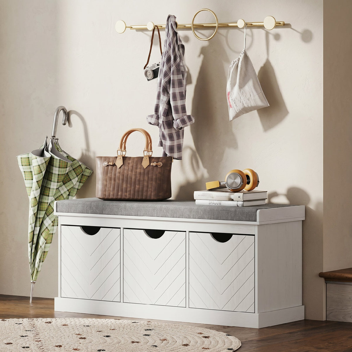 Banc chaussures entrée, banc de rangement avec 3 tiroirs amovibles et coussin rembourré en tissu aspect lin, blanc