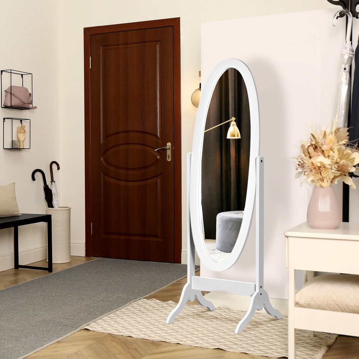 Specchio da terra ovale in stile shabby chic, inclinazione regolabile, dim. 48L x 46P x 147A cm, MDF bianco