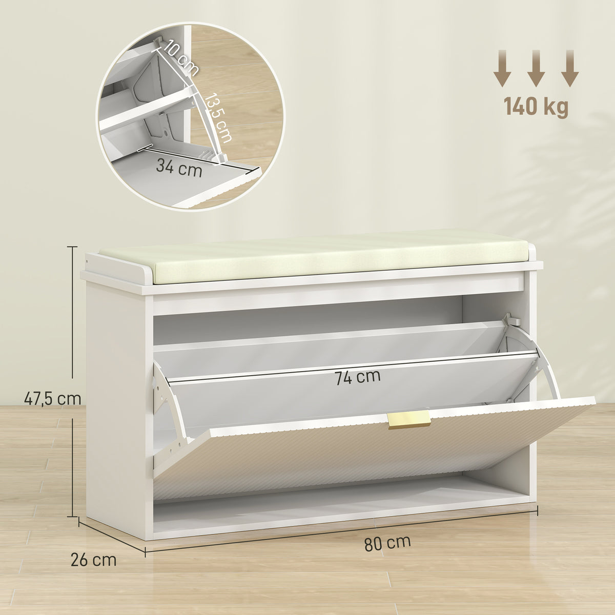 Banc à chaussures avec coussin d'assise rembourré et tiroir rabattable pour couloir, chambre, 80 x 26 x 47,5 cm, blanc