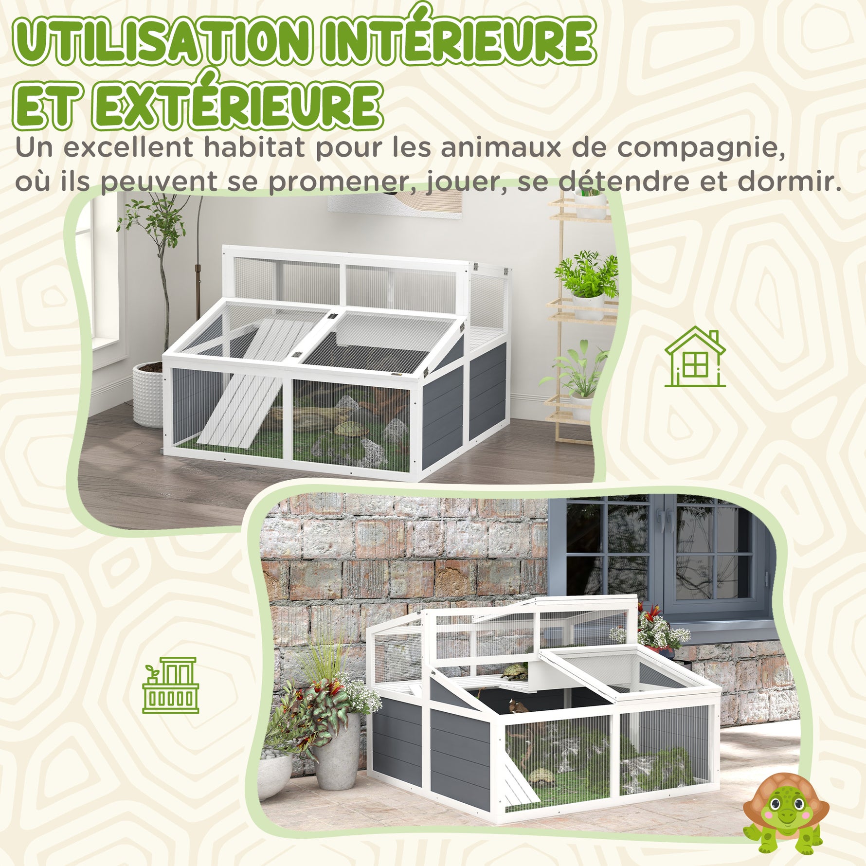 Maison enclos cage pour petit animal tortue avec 2 espaces toit en polycarbonate 3 portes rampe 115 x 115 x 82 cm gris