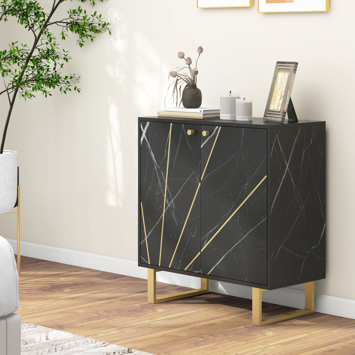 Buffet de rangement avec 2 portes et étagère réglable pieds en métal 76 x 35 x 77 cm ton marbre noir