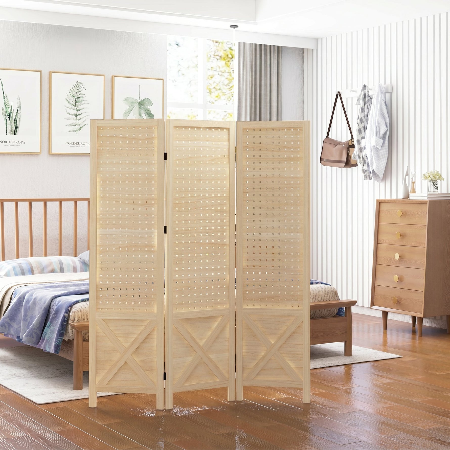 Paravent intérieur en bois 3 panneaux séparateur de pièce pliable panneau perforé 114 x 1,7 x 144,5 cm bois naturel
